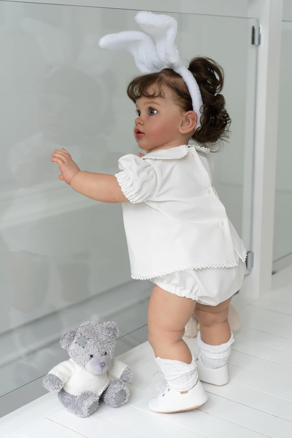 26 Inch Realistic Baby Doll with Curly Hair & Body - Lifelike Newborn Toddler Girl Reborn Doll in White Floral Outfit Green Bows