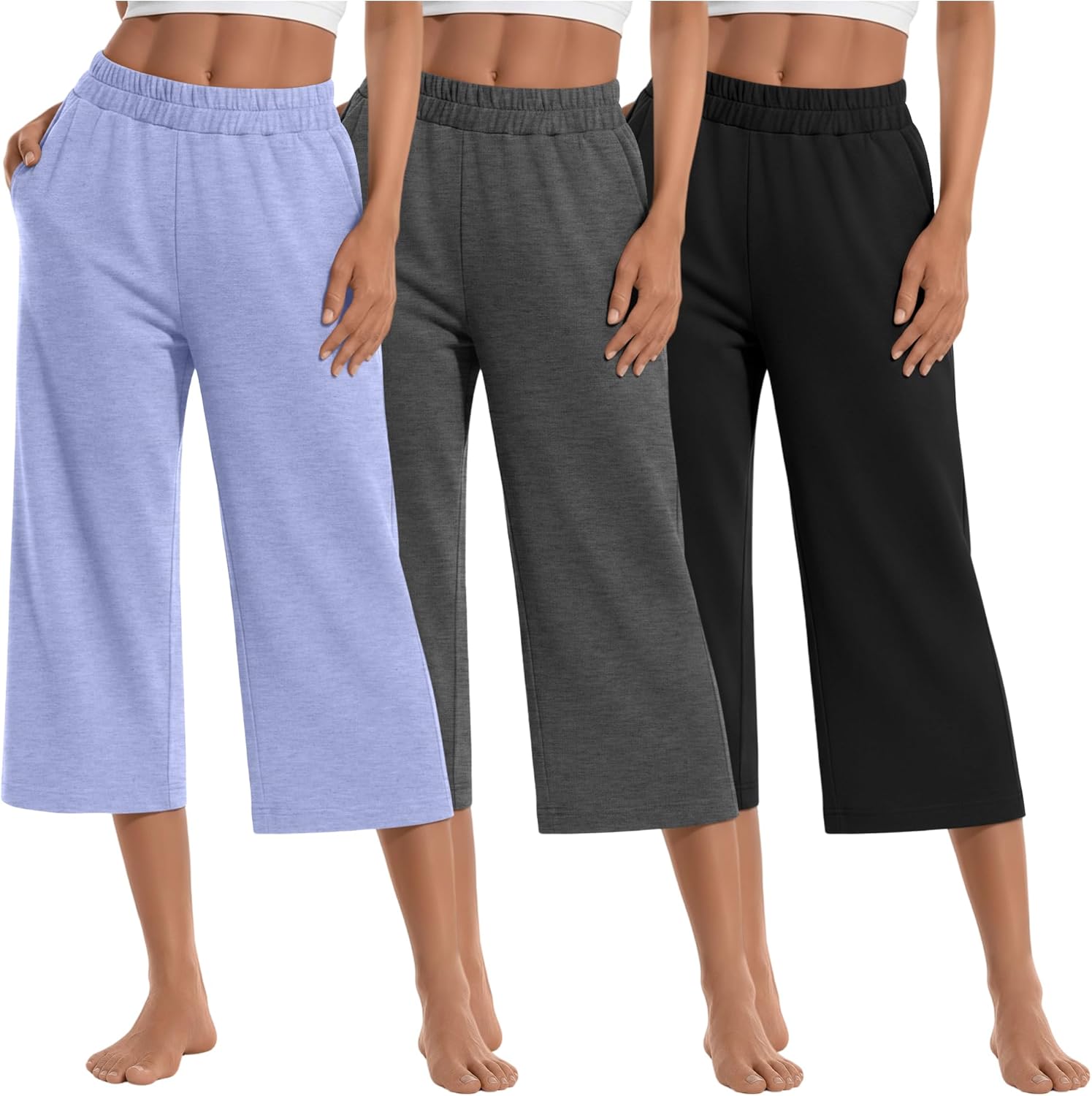 3 Pack Women's Wide Leg Capris Loose Cropped Yoga Pants Elastic Soft Sweatpants Capri Trousers with Pockets