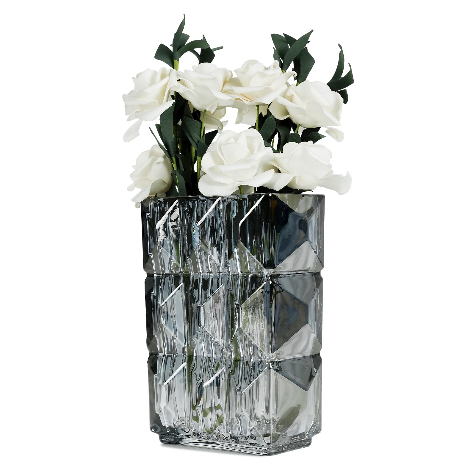 StarLuckINT Heavy Glass Vases, 7.7 inch Thickened Glass Vase, Large Crystal Embossed Vase, for Living Room, Dining Table Centerpieces Decor Bookshelf,Countertop,Wedding Birthday and Gift (Grey)