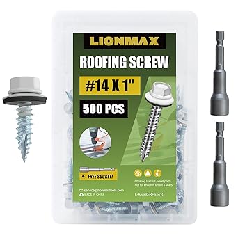 LIONMAX Metal Roofing Screws #14 1 Inch, 500-PCS, White Painted Hex Head Sheet Metal Screw with Rubber Washer, Sharp Point, for Roofing and Siding, Hex Sockets Included