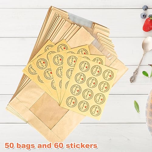 Miniatura 3 de Paquete de 50 bolsas de pan de pasta madre Kraft con calcomanías de agradecimiento, bolsas de papel grandes para panadería con ventana transparente
