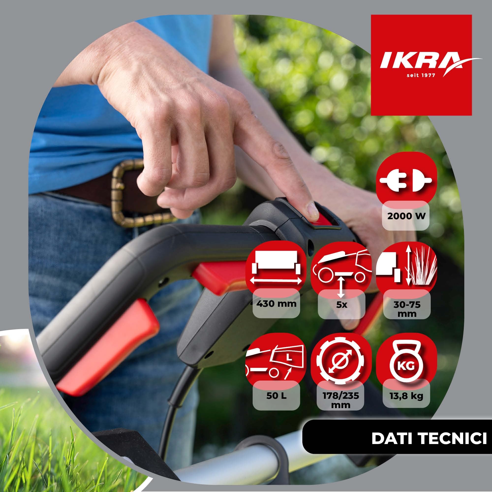 IKRA tosaerba elettrico IERM 2043 T, 2000W, altezza di taglio 30-75mm, larghezza di taglio 43cm, inclusa lama di ricambio & kit mulching