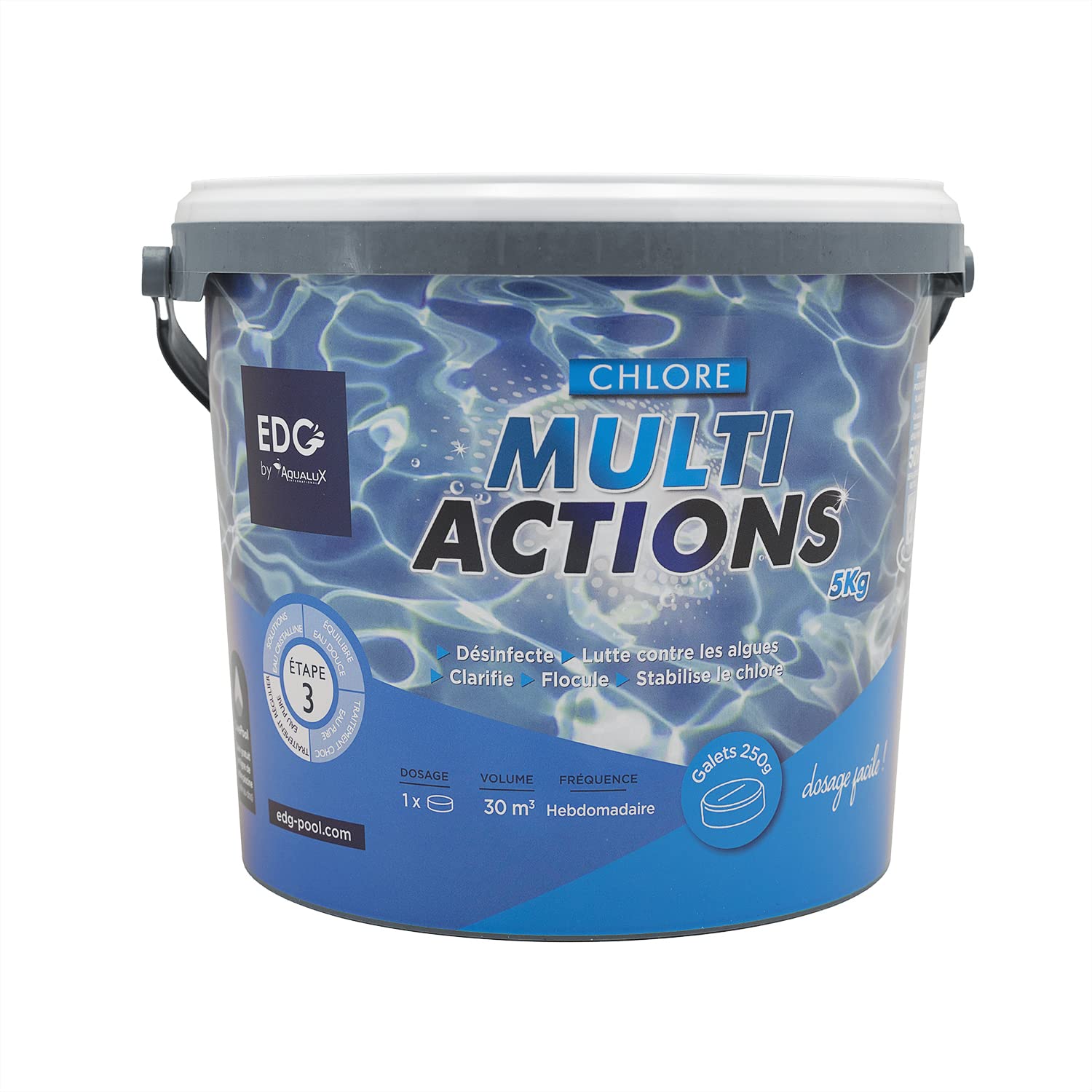 EDG by AQUALUX Chlore MULTIACTIONS Galets 250g - 5kg | Chlore Lent Stabilisé Multiaction - Désinfection Régulière Multifonction - Dissolution Lente + 10 Tests HPS OFFERTS 6 en 1