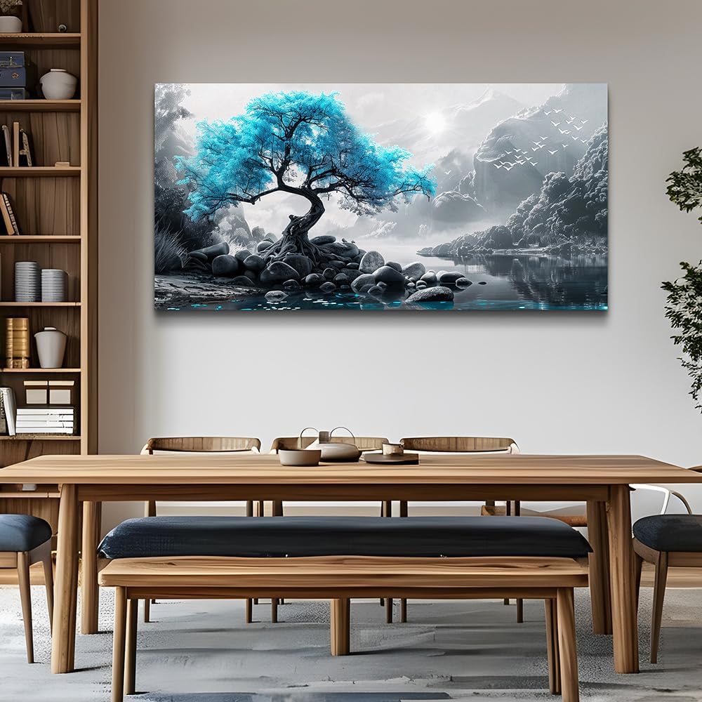 KELIYUAN Large Wall Decor Canvas Painting Wall Art For Bedroom Living Room Decoration Blue Tree Black And White Foggy Mountain Landscape Art Print Picture Room For office Room Home Decor 30x60 In