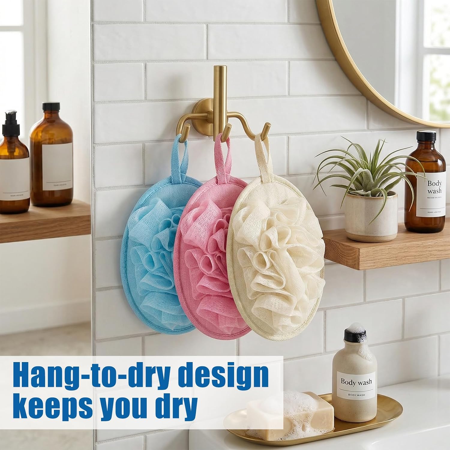 3 Pcs Loofah Sponge Shower Loofahs Travel Bath Sponge Mesh Balls Mini Loofah Travel Size with Elastic Hand Strap for Women Men Body Scrubber Wash Back Scrubber(Pink, Blue,Beige)