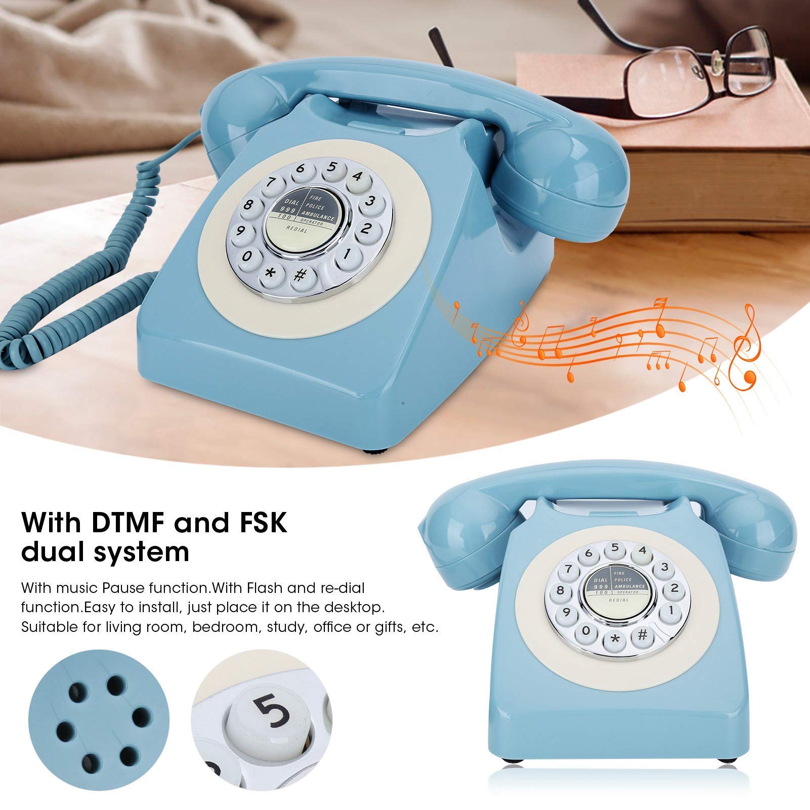 Domowy przewodowy telefon stacjonarny z pojedynczą linią, niebieski biurowy, retro, telefony stacjonarne do domu ，Telefon w stylu vintage