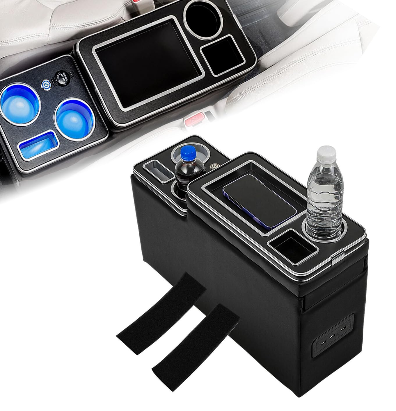 GEARMONSTER Mittelkonsole mit Ablagen Staufach, Mittelkonsole Box mit Getränkehalter, USB-Anschluss, LED-Leuchten, Zigarettenanzünder kompatibel mit VW T5 T6 T6.1, Schwarz