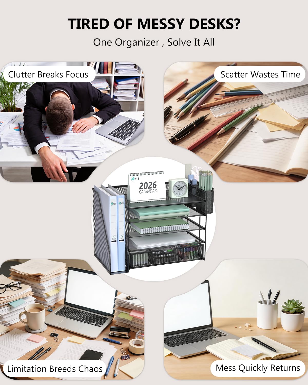 WALI Organizer per documenti da scrivania, a 5 ripiani, con cassetto e 2 portapenne, accessori da scrivania e organizer per spazio di lavoro per ufficio, articoli per la casa (DO006DH-B), confezione