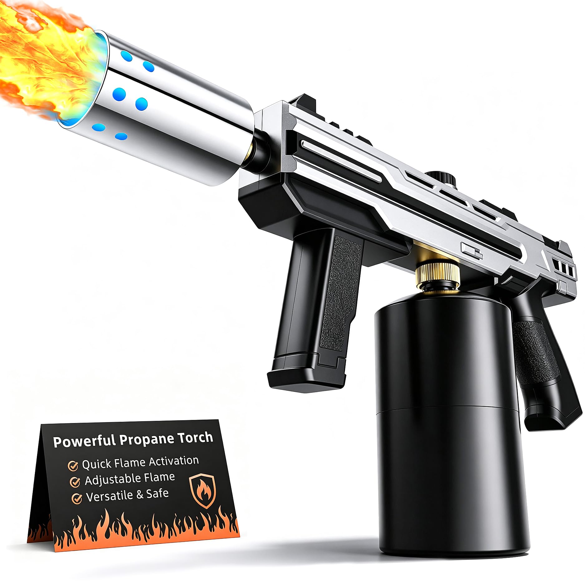 Potente pistola de antorcha para parrilla, soplete ajustable para barbacoa, camping, encendedor de carbón y encendedor de fuego, tanque no incluido (plateado)