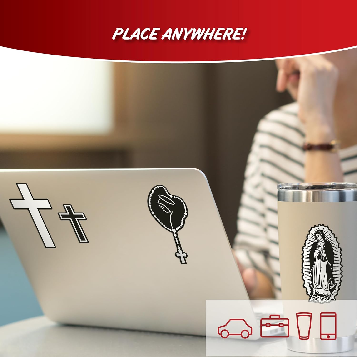 Religious Decals for Car Truck Tablet Tumbler Cell Phone - Set of 4 Black & White Mary Rosary, Lady of Guadalupe, Christian Cross - Image 5