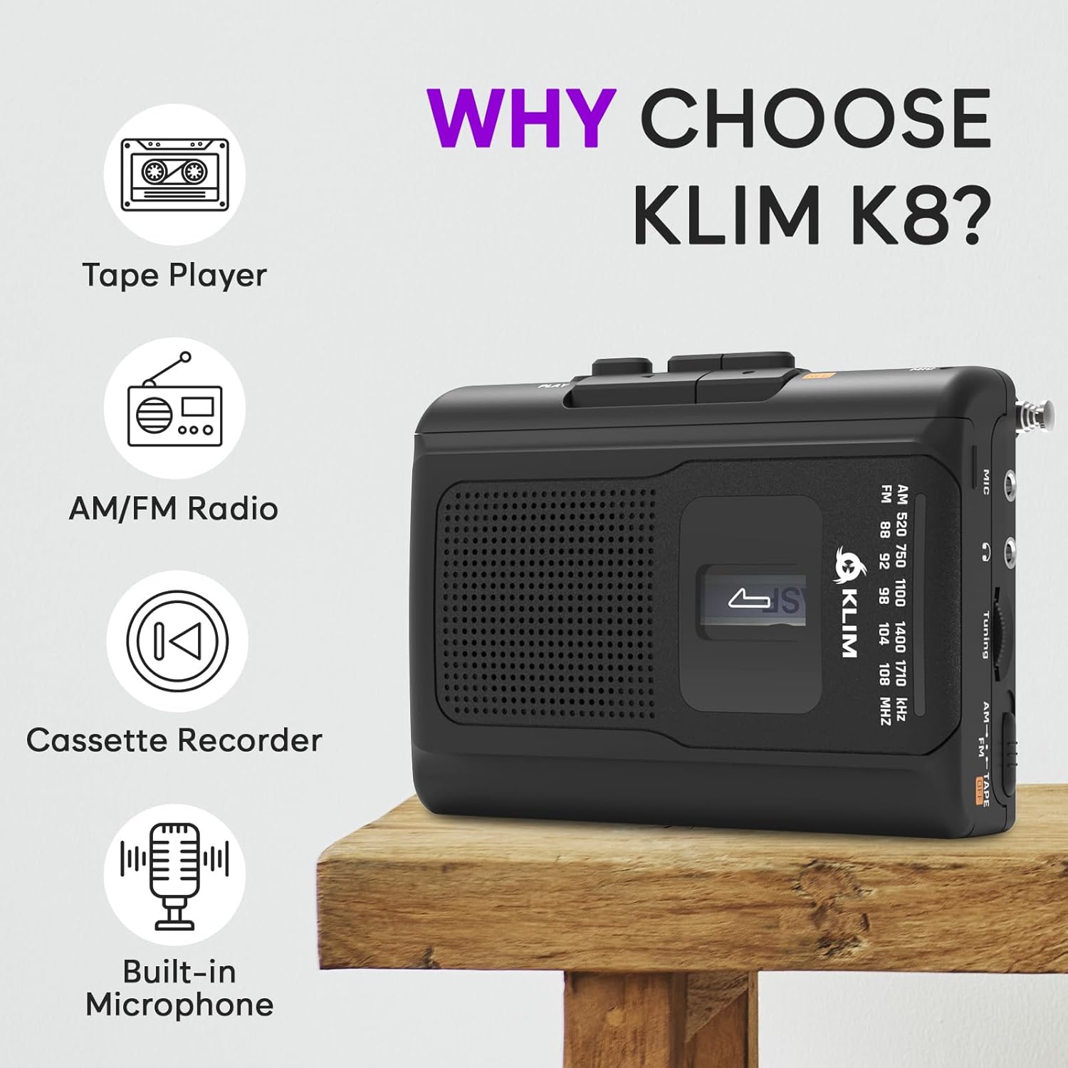KLIM K8 Cassette Tape Player Portable + Cassette Recorder + NEW + AM/FM Walkman Cassette Player + Built-in Microphone & Speaker + Headphone Jack & Earphones