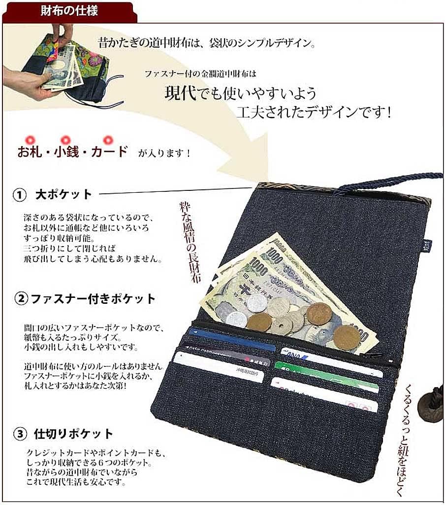 [namino-oto] 金襴デニム 道中財布 ファスナー付き デニム 金襴 ユニセックス 三つ折り コイン収納 クレジットカード収
