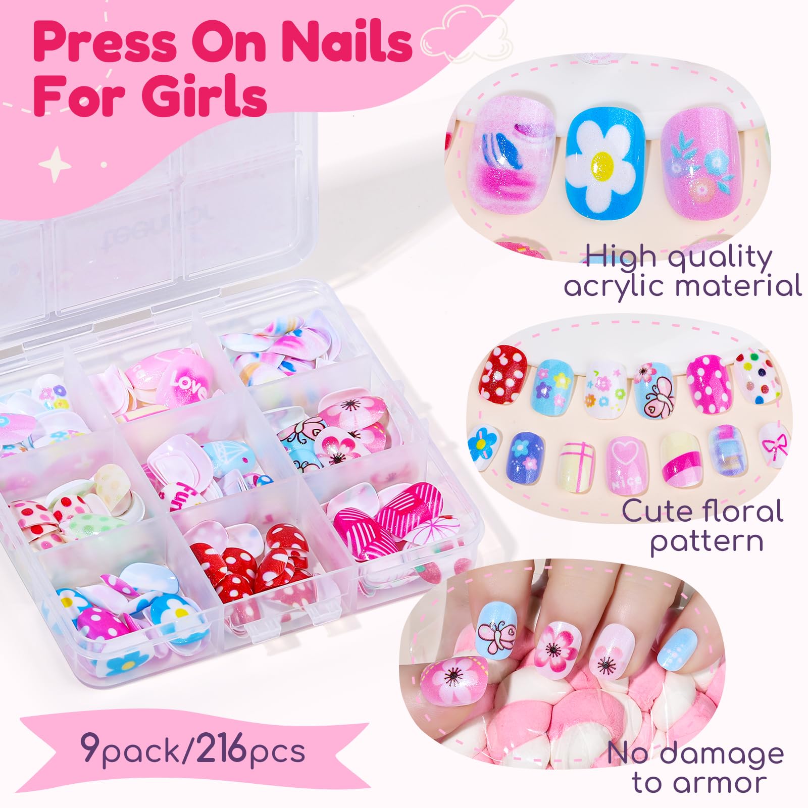 216 uñas postizas a presión para niñas, 9 colores, 12 tamaños, uñas postizas para niños, uñas postizas para niñas, uñas acrílicas cortas con pestañas adhesivas para uñas, lima de uñas 6