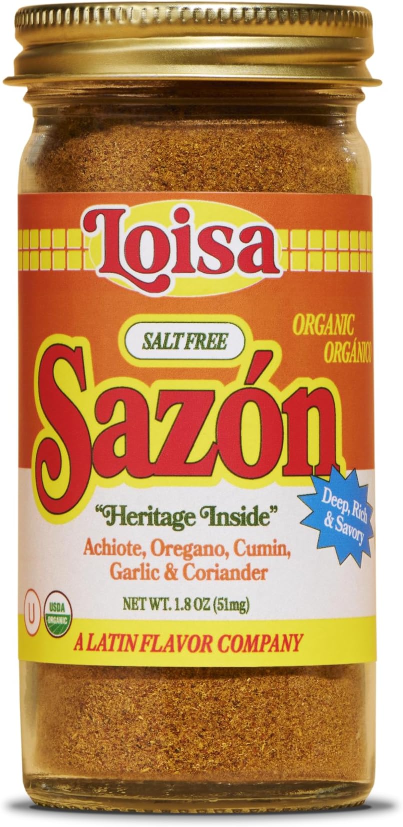 Loisa SALT-FREE Sazรณn Seasoning, USDA Organic, Non-GMO, No-MSG, No Preservatives, No Artificial Coloring, No Artificial Flavors, Pure Latin Flavor, 1.8 oz, Pack of 1