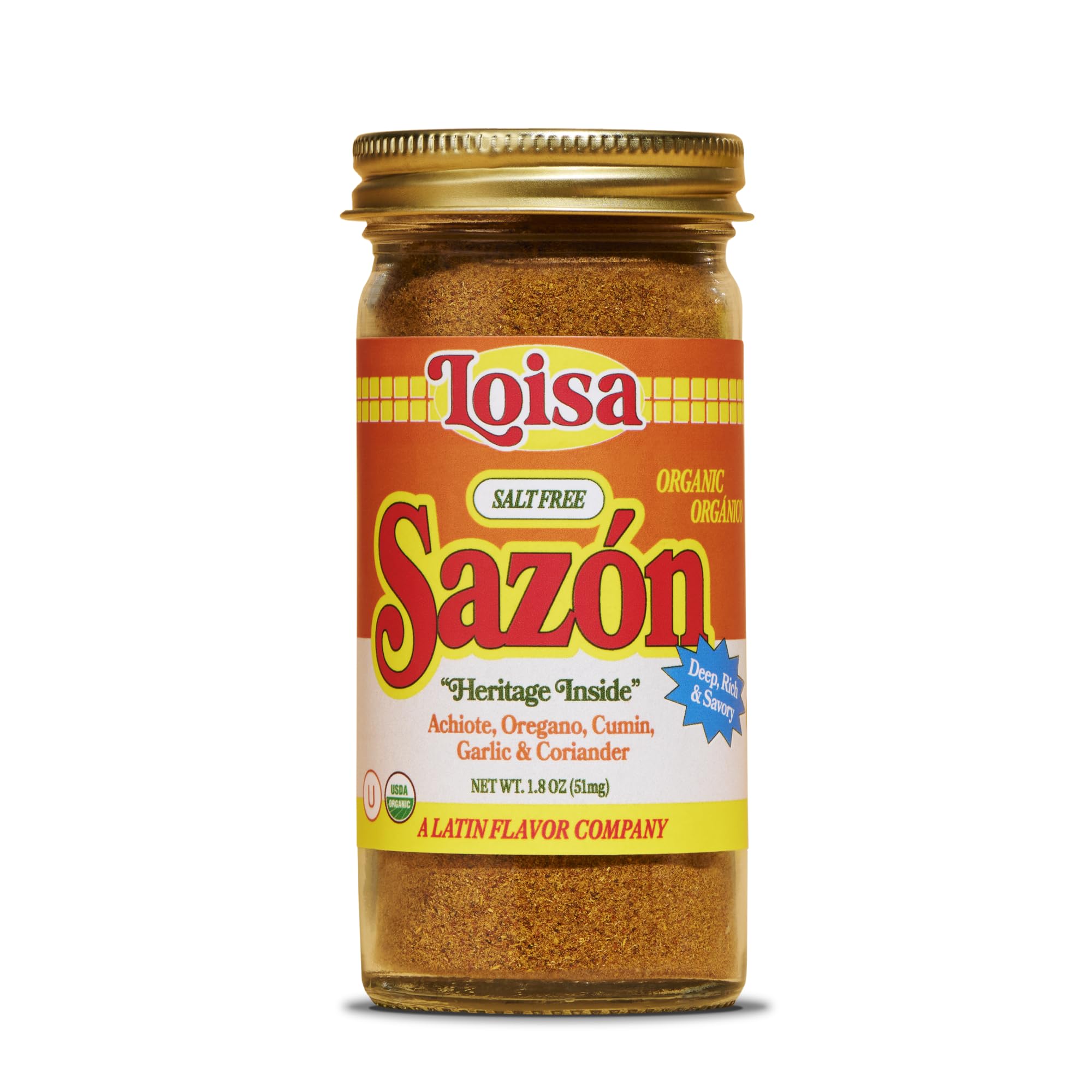 LoisaSALT-FREE Sazón Seasoning, USDA Organic, Non-GMO, No-MSG, No Preservatives, No Artificial Coloring, No Artificial Flavors, Pure Latin Flavor, 1.8 oz, Pack of 1USDA Organic