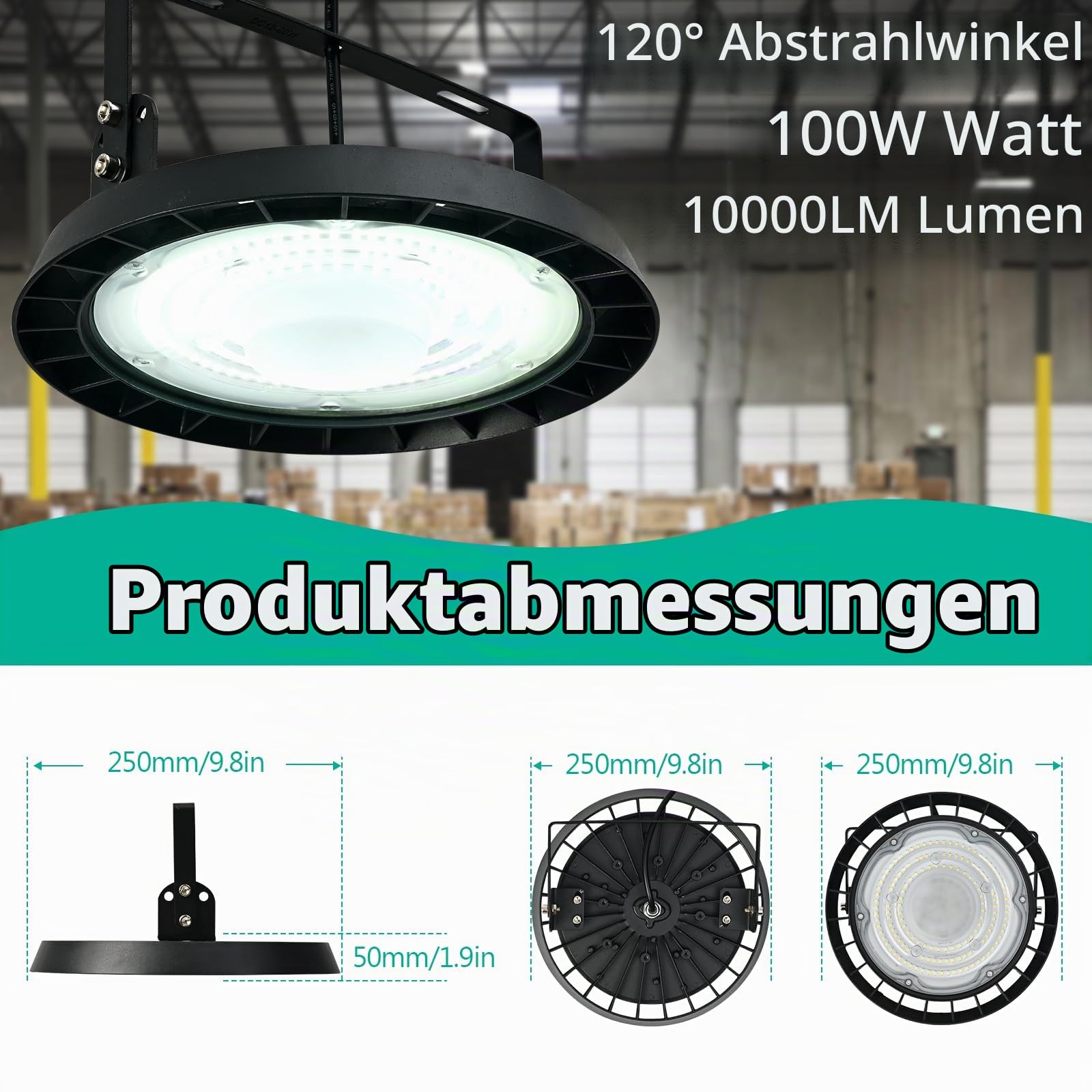 100W LED UFO Hallenlampe: 10000LM 6000K IP65 Werkstatt Deckenleuchte