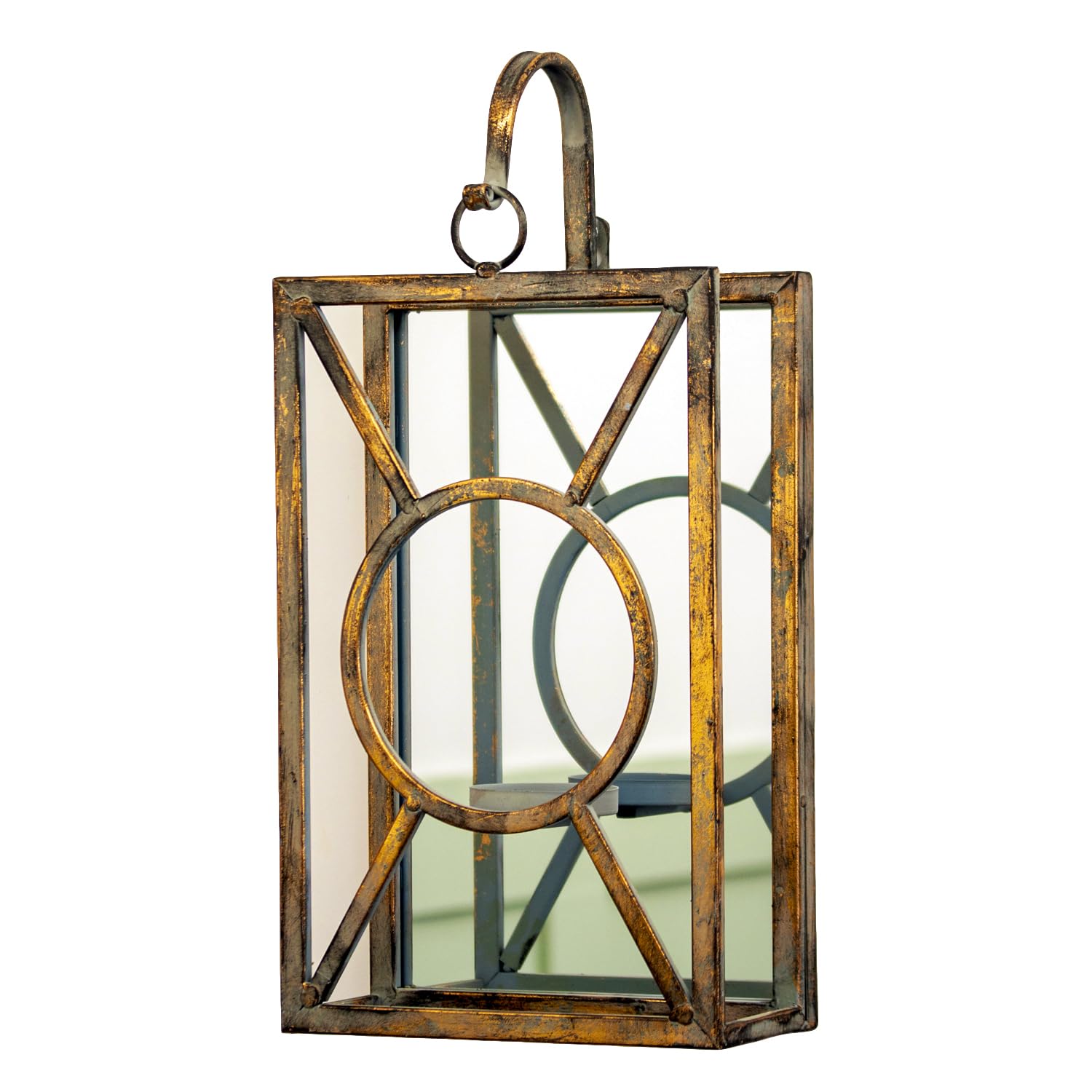 Rustic Mirrored Wall Candle Sconce, Metal and Glass, Distressed Finish, Farmhouse Style, Pillar Candle Holder Lantern, 22x11x43cm