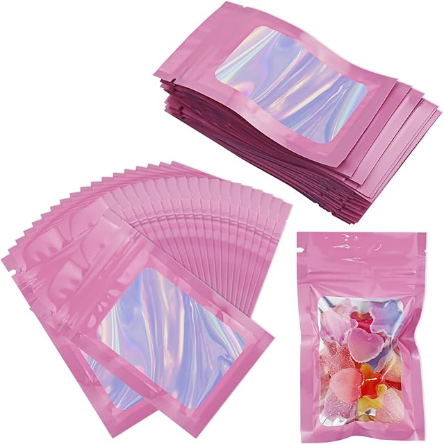 100 PCS Mylar Bags, Resealable Stand Up Pouch Foil Holographic Bags, Smell Proof Baggies Sample Bags for Spice, Food, Flour, Sweets Packaging, Heat Seal Bags (Pink, 2.4 * 3.9inch)