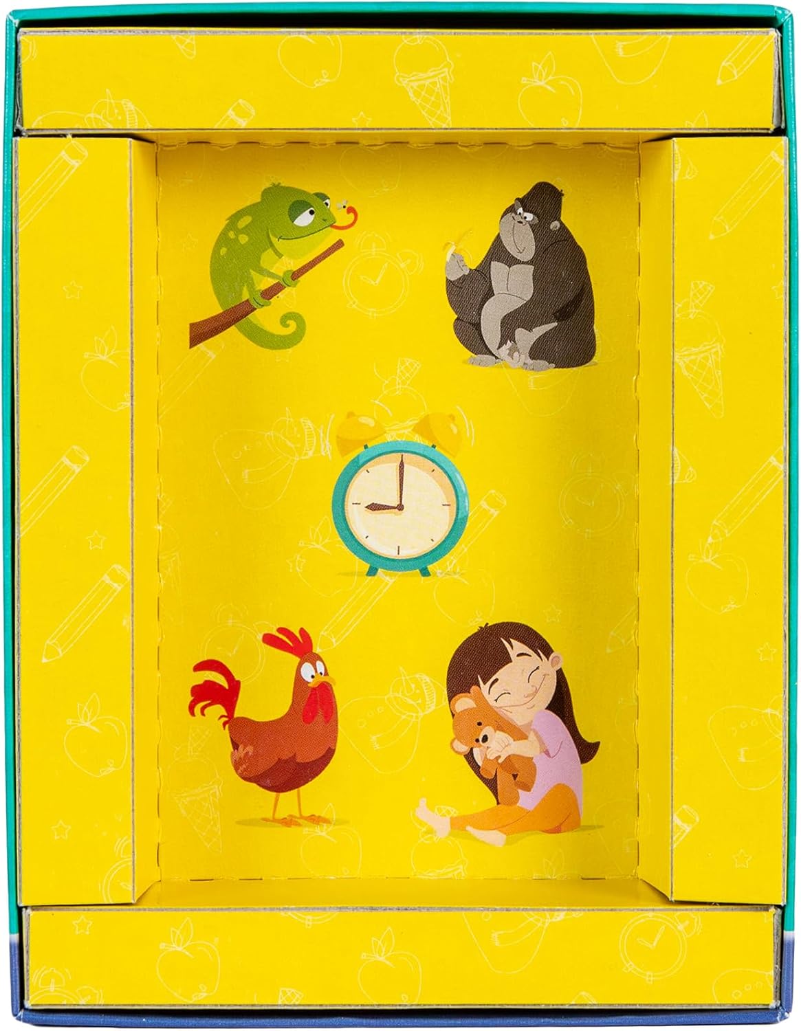 Inside of the game box showing various illustrations like a chameleon, gorilla, clock, rooster, and a girl with a teddy bear.