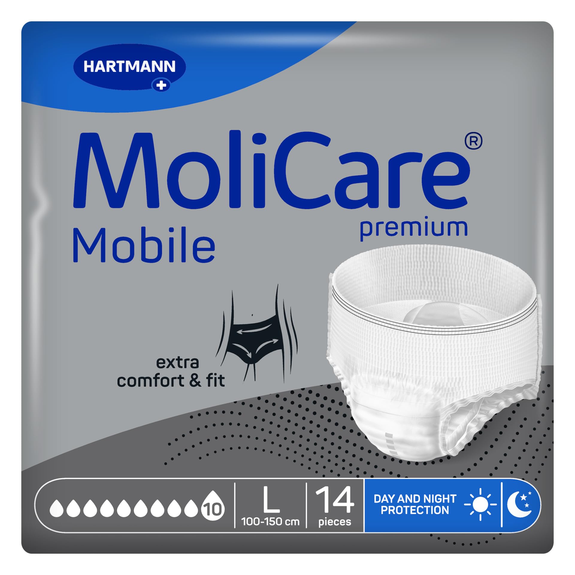 MoliCare Premium Mobile 10 Drops Size Large | Incontinence Pants for Women and Men | Prevents Leaks | Fast Absorption | Instant-Dry Feeling | 39-59inches | 14 Pieces | 2568ml