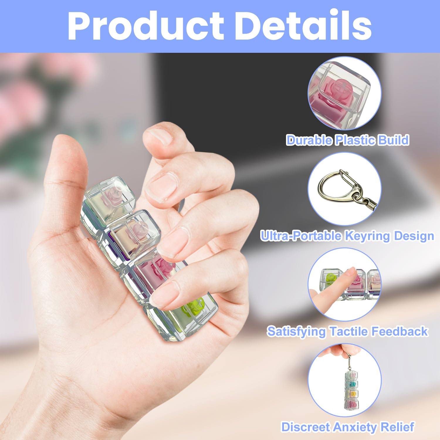 2Pcs Keyboard Fidget Toy, Fidget Toys, Fidget Keyboard Clicky Fidgets Toy, Portable Fidgets Keyboard 4 Buttons with Keychain - Image 3