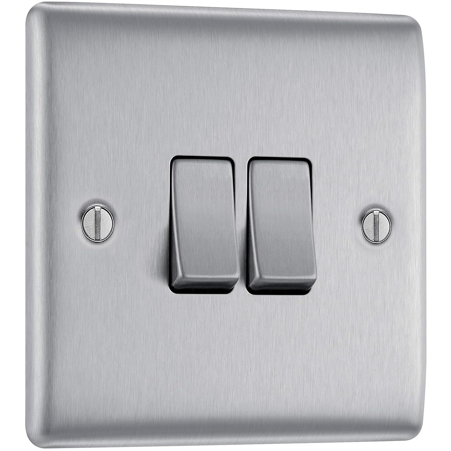 AMK® BG Electrical Brushed Steel Light Switch 10AX 2 Way 2 Gang Double Pole Plate Switch Rounded Edge Modern Design