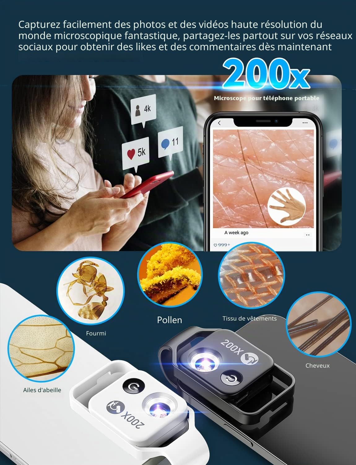 APEXEL Microscope à Clipser pour téléphone, 200 microscopes de téléphone avec Lames de Microscope pour Que Les Enfants puissent Explorer Micworld (Noir)