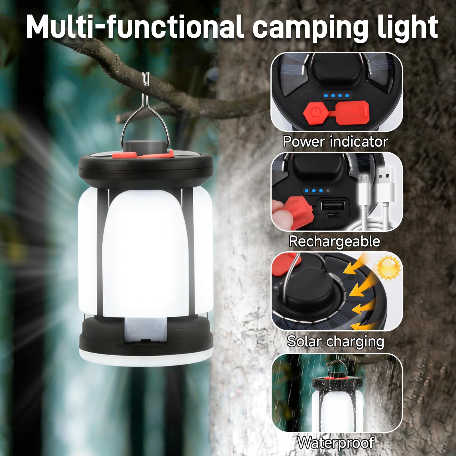 Lámpara Camping Plegable LED Recargable 6 Modos Luz 2400mAh Carga Solar USB 60 LEDs
