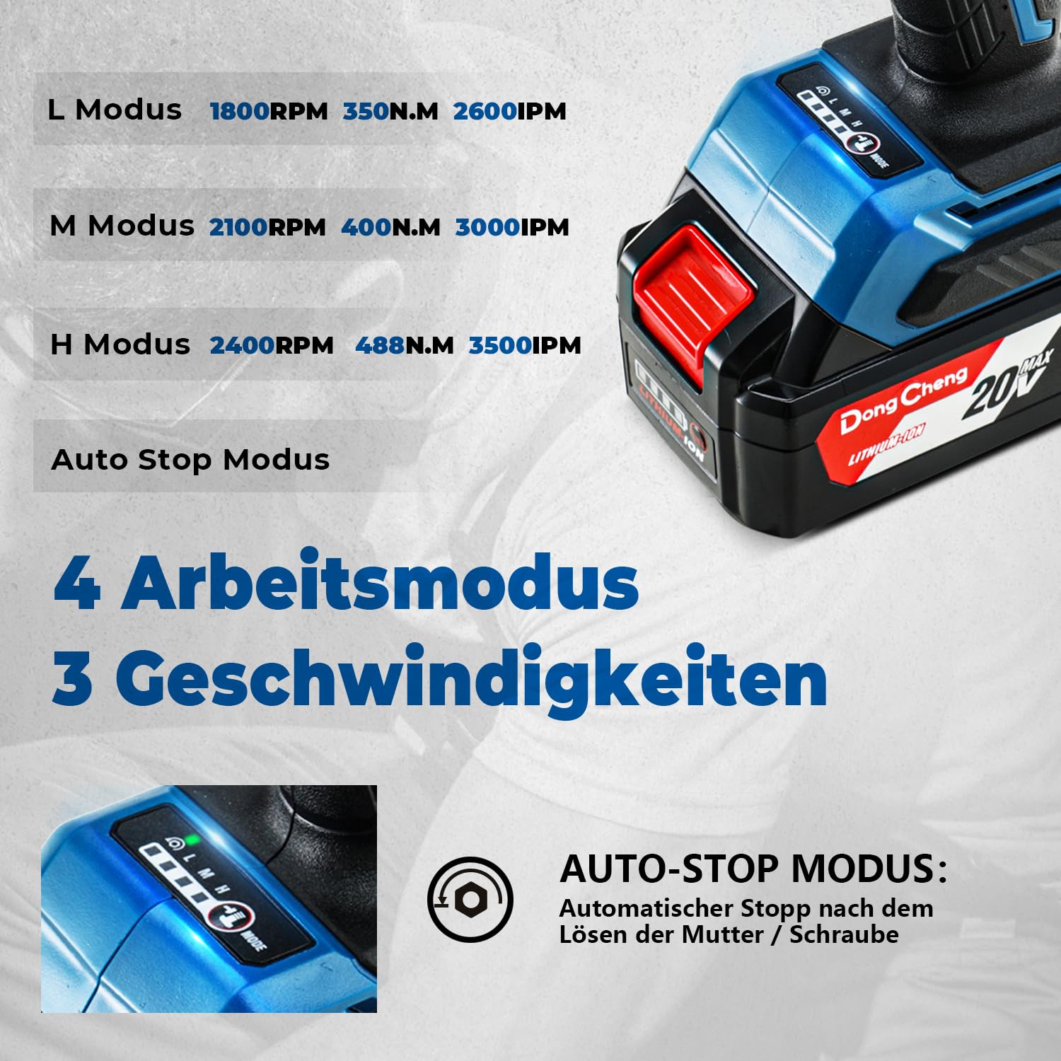 Dong Cheng Akumulatorowa wkrętarka udarowa 18 V, mocowanie 1/2", moment obrotowy 488 Nm, moment zwalniający 682 Nm, bezszczotkowa akumulatorowa wkrętarka udarowa, 3 poziomy mocy, w zestawie akumulator