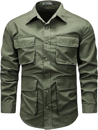 Mens Cargo Long Sleeve Shirts Casual Multi Pockets T Shirts Outdoor Loose Tooling Tops Cotton Lapel Button Down Shirts