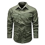 Mens Cargo Long Sleeve Shirt Military Casual Button Down Fishing Hiking Travel Shirts Regular Fit Tops with 4 Pockets