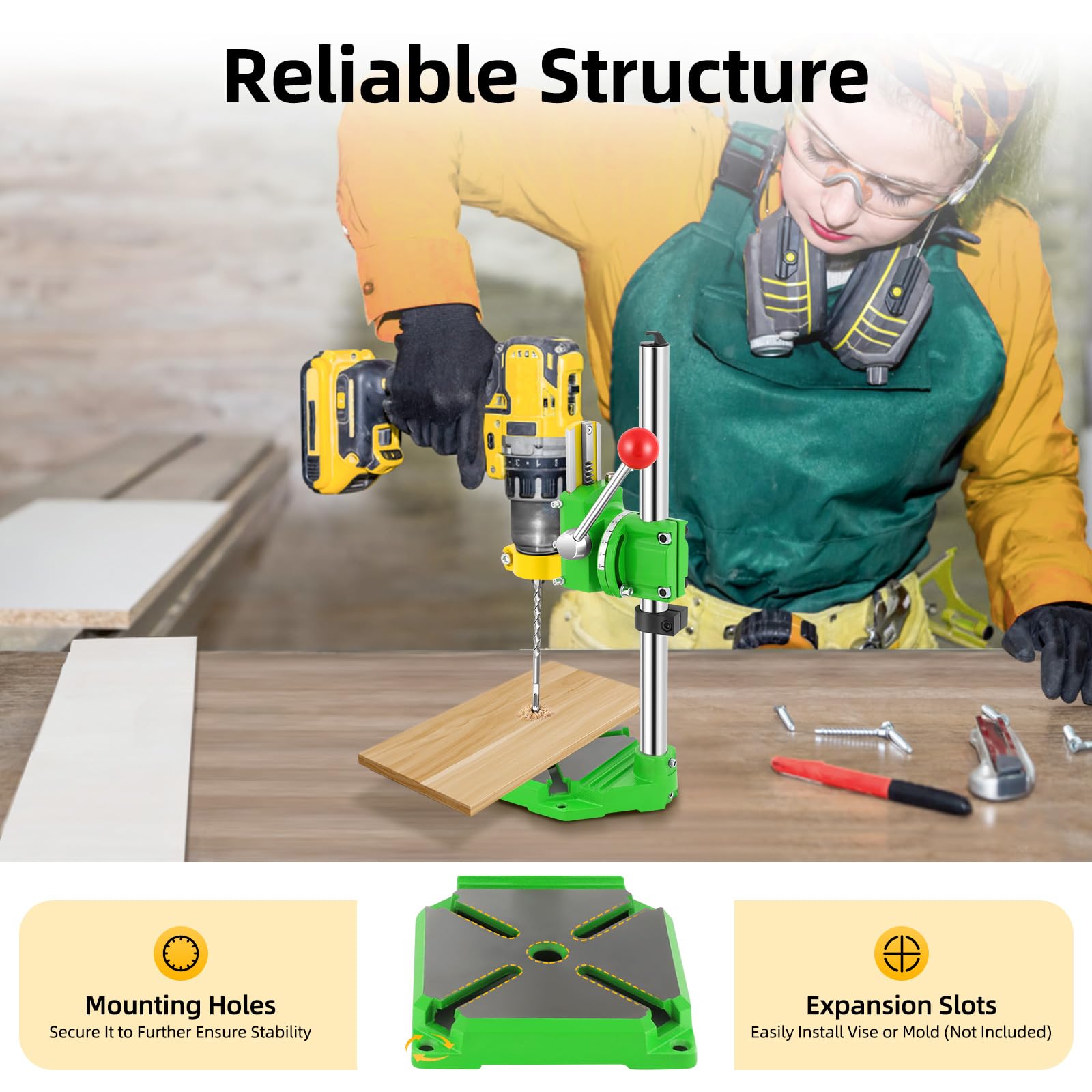 Supporto per trapano a 90°, Supporto elettrico per trapano, Supporto per perforazione con attacco snodabile Max. profondità di perforazione 60mm con tavolo da lavoro 3 teste in plastica