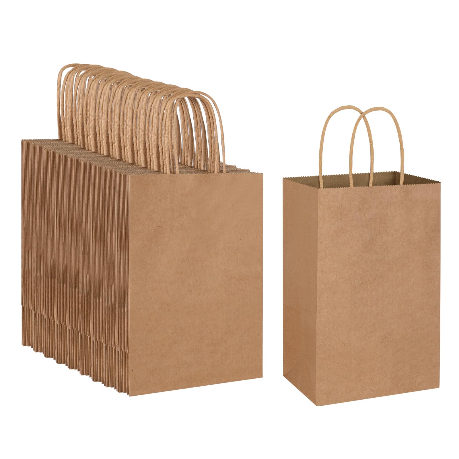 Oikss 100 Pack 5.25x3.25x8.25 Inch Small Plain Natural Kraft Paper Gift Bags with Handles Bulk for Birthday Party Favors Grocery Retail Shopping Business Goody Craft Bags Cub Sacks (Brown 100 Count)