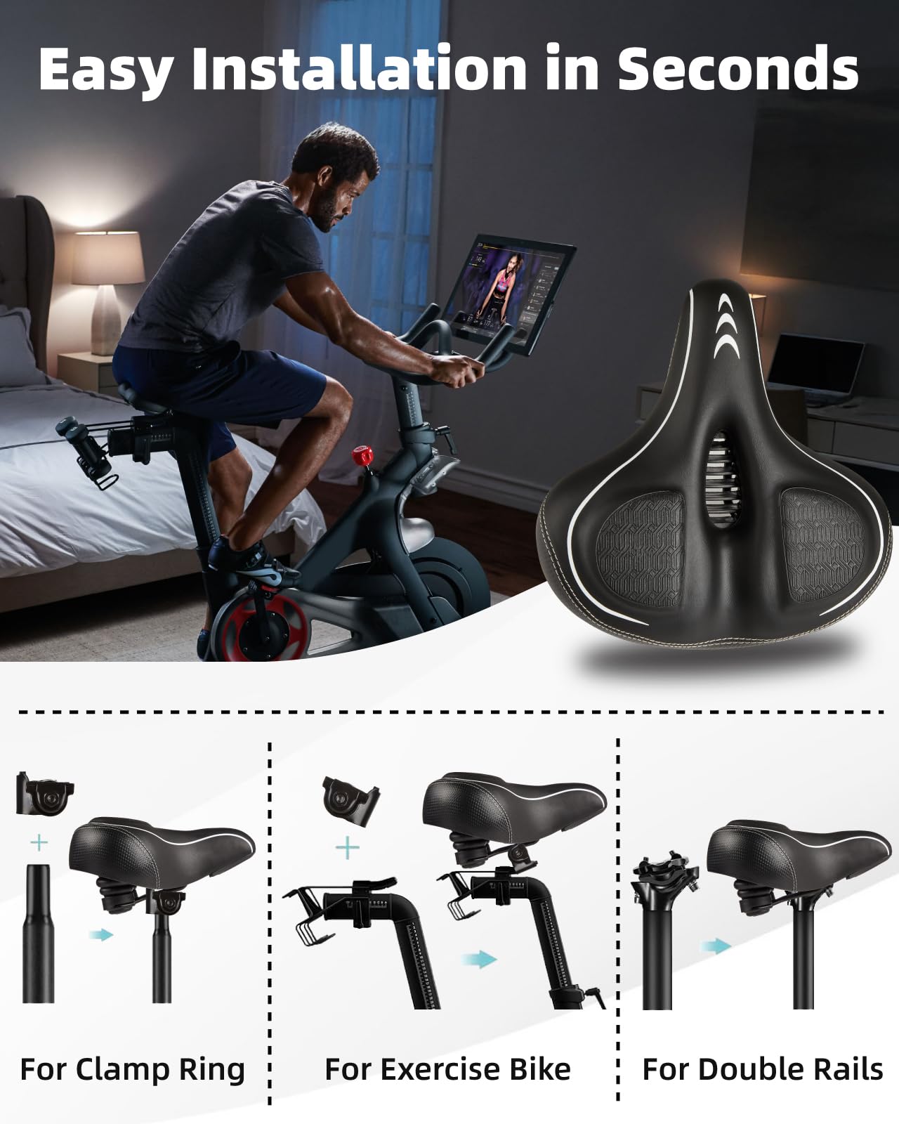Fitense Asiento de bicicleta de gran tamaño para bicicleta Peloton y Bike+, cojín de asiento cómodo compatible con bicicletas Peloton, de carretera o de ejercicio, reemplazo de sillín de bicicleta