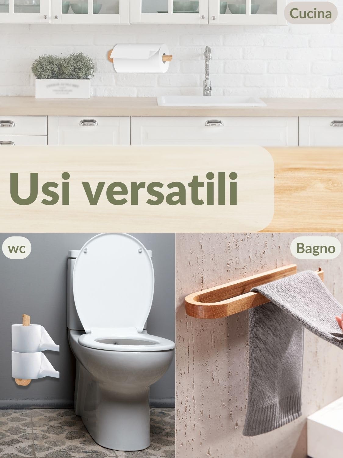 DEKAZIA® Portasciugamani Legno da Parete | Senza Forare | Porta Asciugamani in Quercia Sostenibile | Barra da Forare o Incollare | Portasciugamani Quercia | Portarotolo Cucina