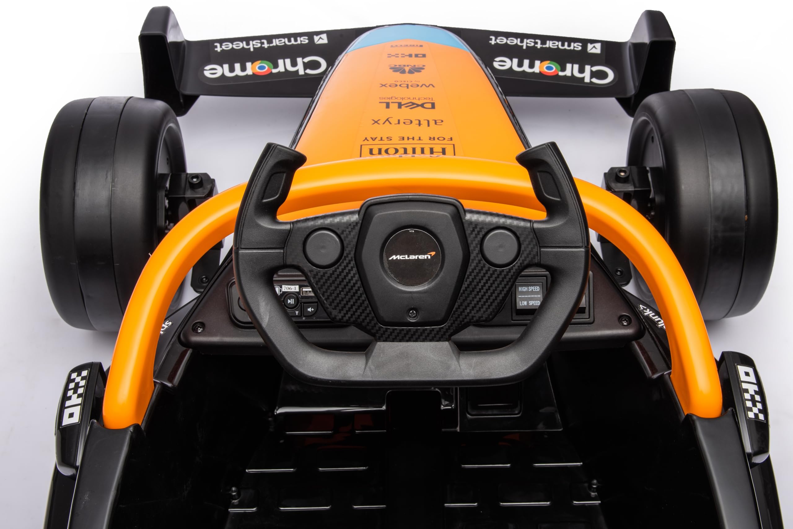 Jeździk elektryczny samochód McLaren, MP3, pilot zdalnego sterowania, zawieszenie sprężynowe, bolid, quad, pojazd (Pomarańczowy) | MP3, pilot zdalnego sterowania, zawieszenie sprężynowe, pojazd dziecięcy, auto na akumulator, zabawka do jazdy