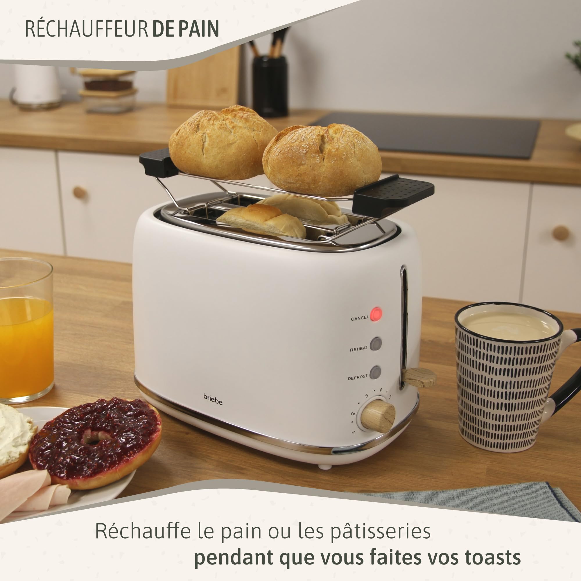 briebe Nordic Grille Pain 2 Fentes, Tranches Larges, 6 Niveaux de Dorage, Support à Petits Pains, Décongélation, Réchauffe et Annulation, Plateau à Miettes, Design Nordique 870W, Blanc