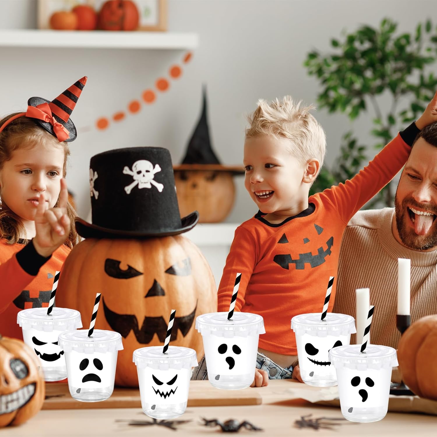 12oz White Black Ghost Halloween Disposable Plastic Cups with Flat Lids and Straws Happy Halloween clear Cups for Party Supplies Coffee, Beer, Drinks, Ice Cream, Snack and More (50) - Image 7