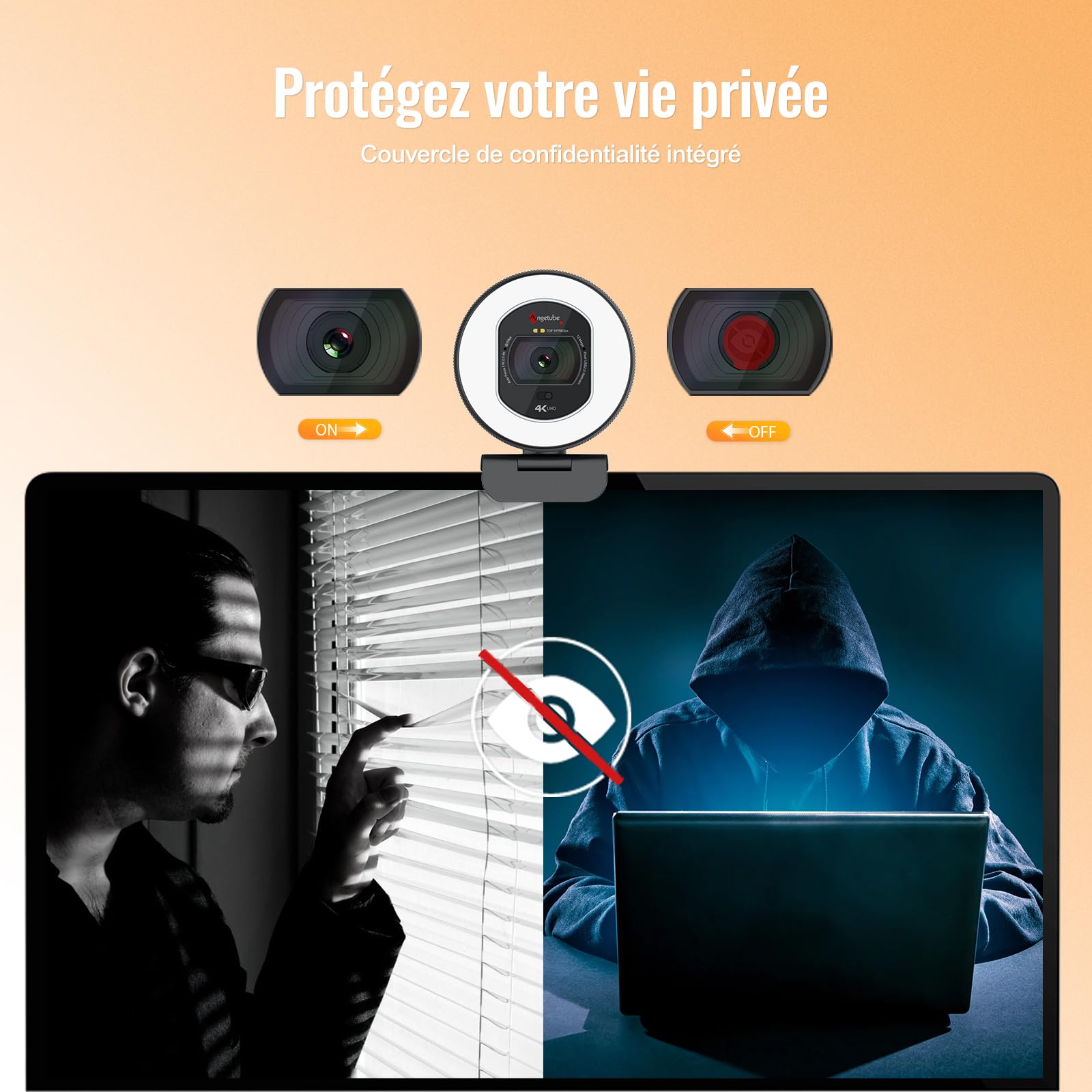 Angetube Webcam 4K avec lumière –caméra de Streaming de PC à autofocus PDAF | Webcam USB 1080P 60FPS avec double micro à réduction de bruit IA et cache-objectif intégré. Pour laptops,Mac et Windows