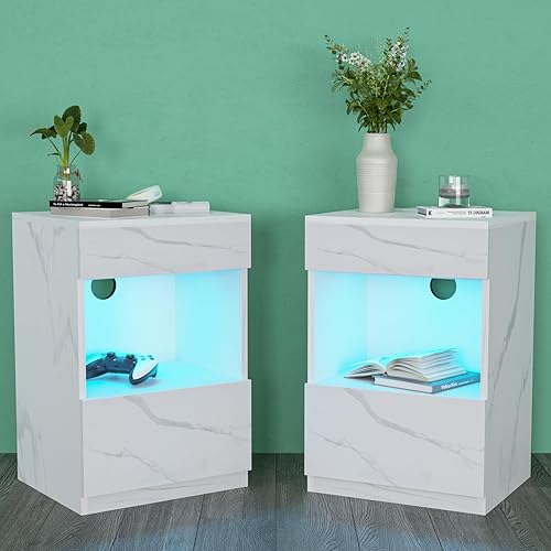 HOMMPA Juego de 2 mesitas de noche LED con estante abierto con estación de carga, 2 cajones, mesita de noche de mármol blanco con almacenamiento,