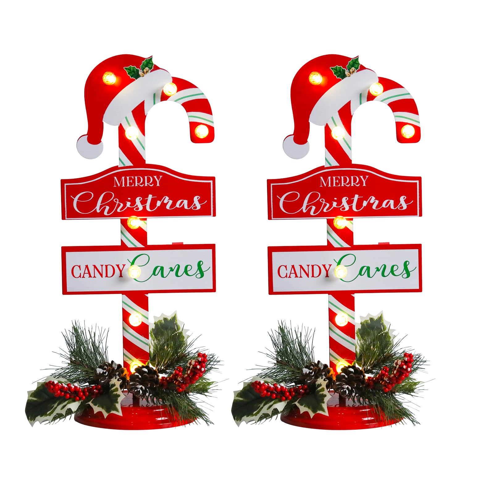 Christmas Decorations Indoor Metal Tabletop Sign Candy Cane with Merry Christmas Sign Hat Pinecones Berries Decorative Plaques for Home Office Table Shelf Xmas Indoor Outdoor 2 Pack