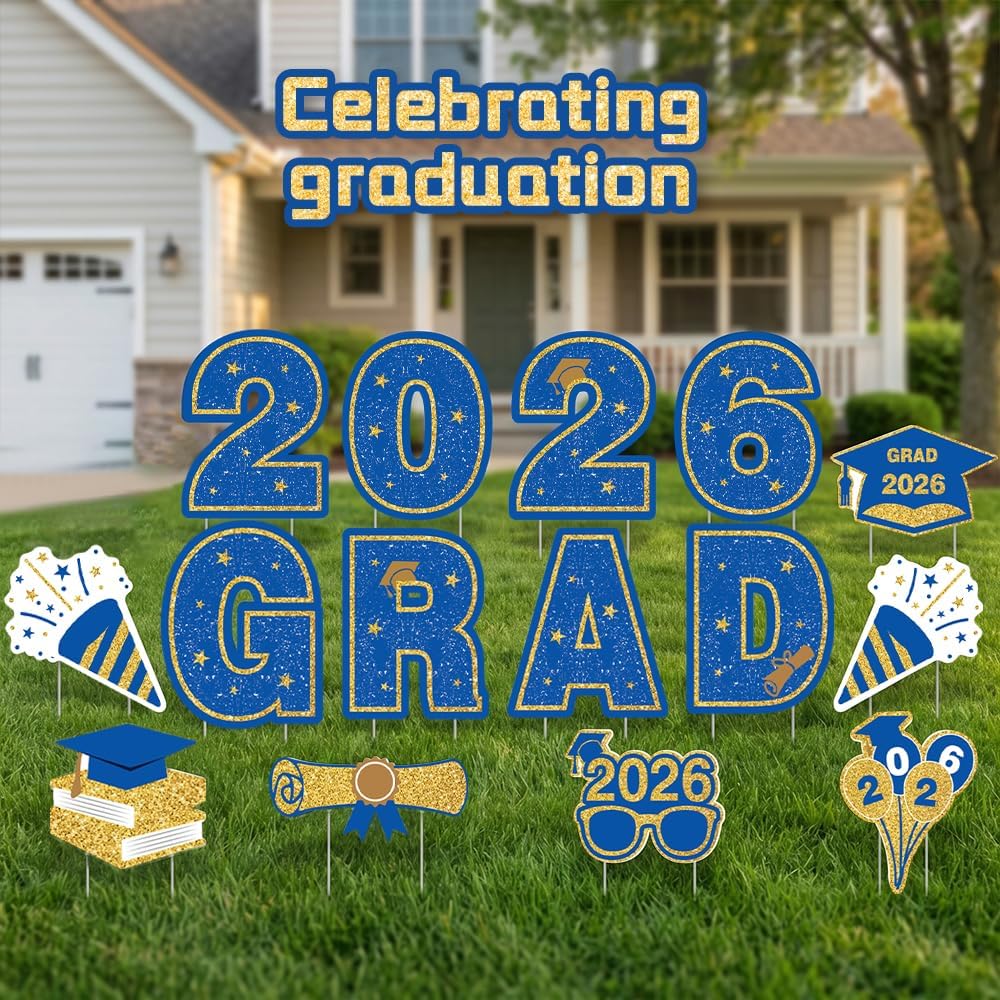 15 Pcs Large Graduation Yard Signs Class of 2026 Blue and Gold, Congrats Grad Lawn Decorations with 28 Stakes for Outdoor Lawn, High School College Graduation Party Yard Decor (Blue)