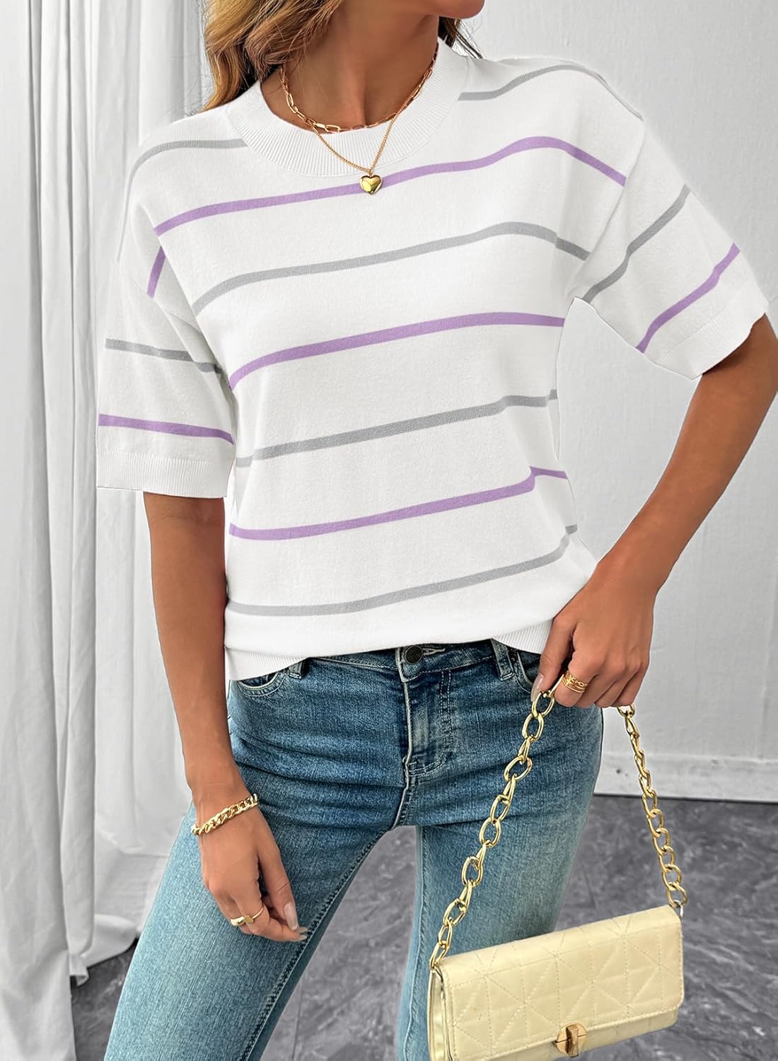 SHEWIN Womens Tops Crewneck Short Sleeve Sweater Pullover Knit Striped Shirt Spring Outfits for Women 2026 - Image 4