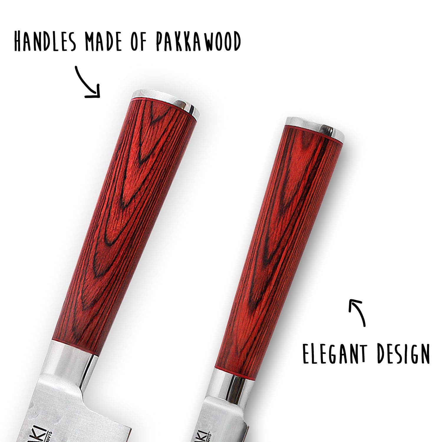Wusaki Pakka X50 - Juego de 2 cuchillos de cocina con cuchillas martilladas de acero inoxidable y mango Pakkkawood - Caja ideal para regalar