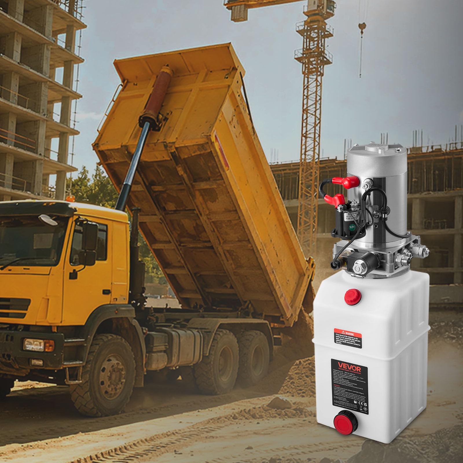 VEVOR Centralina Idraulica Pompa Idraulica per Rimorchio Ribaltabile Azione Singola, Flusso 3,4 L/min, Pressione d'Olio 2320-2900 PSI, 12 V CC con Serbatoio in Plastica per Sollevatore Rimorchio