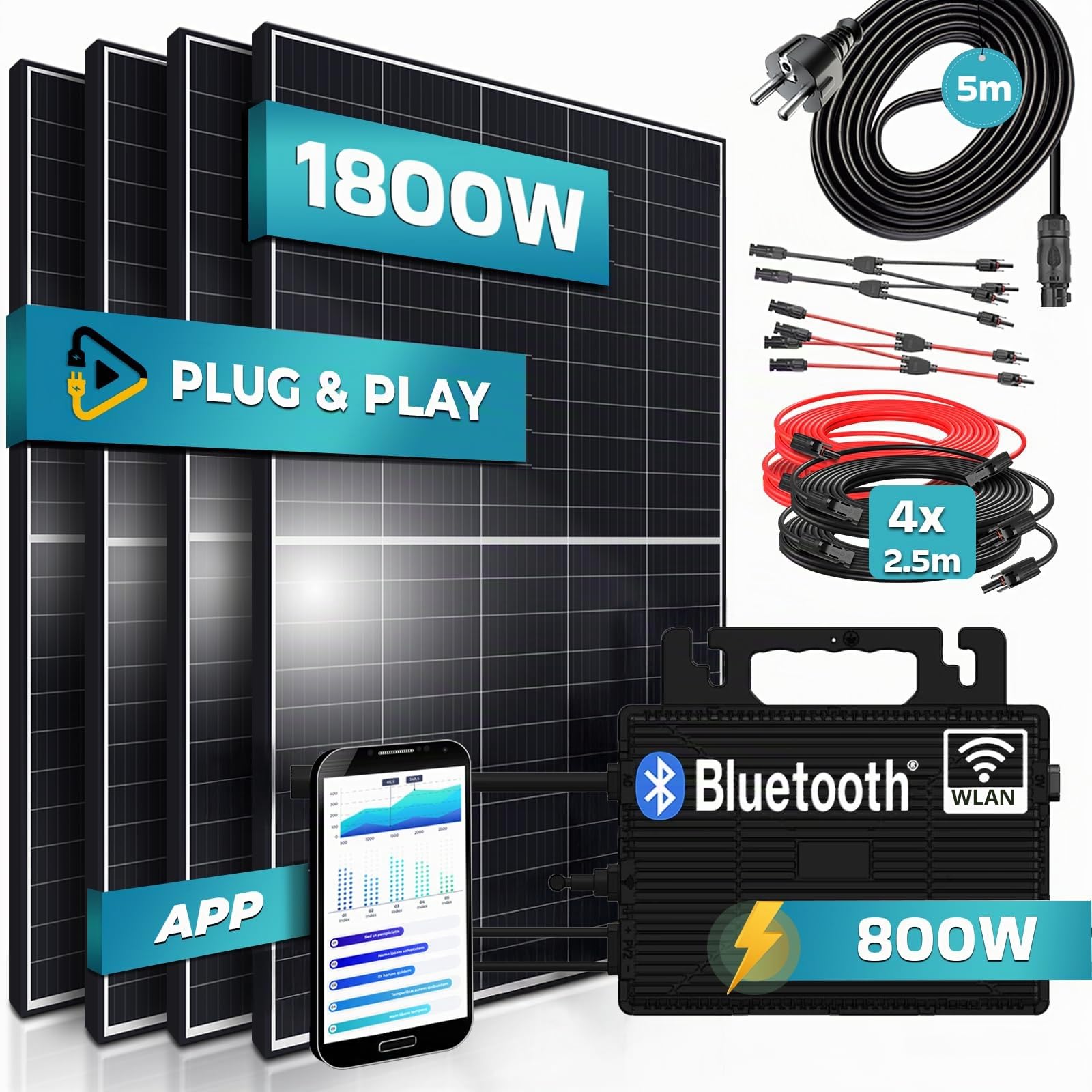 SUNNIVA® 1800W Balkonkraftwerk 800W komplett Steckdose - Astro Energy 800W Wechselrichter - PV Solaranlage Komplettset - 4x 450W (1800W) Solarmodule - inkl. 5m Kabel - Bluetooth, WIFI
