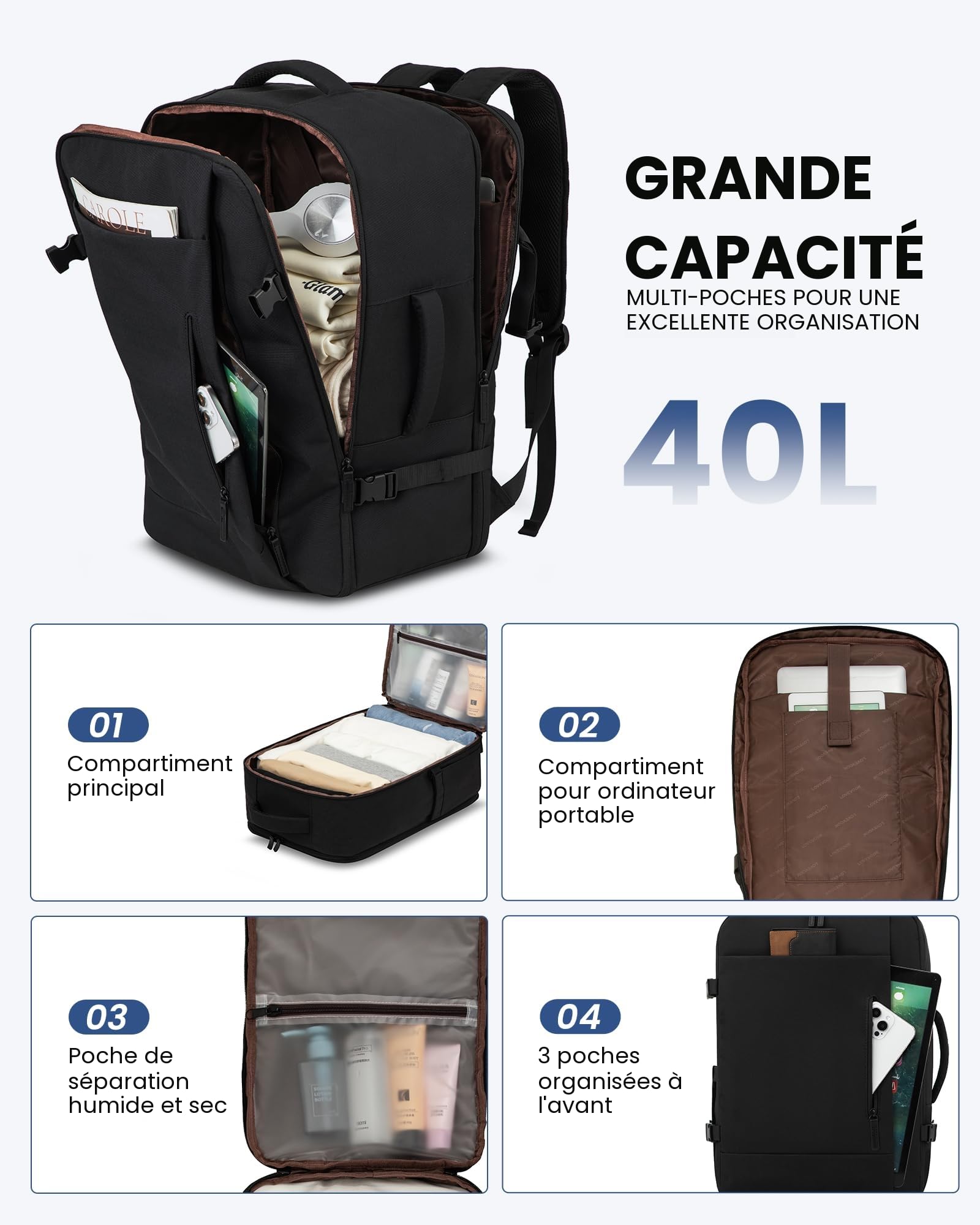 LOVEVOOK Sac à Dos Voyage Cabine Avion 40L Imperméable Ordinateur Portable 17,3 Pouces Homme Femme Noir