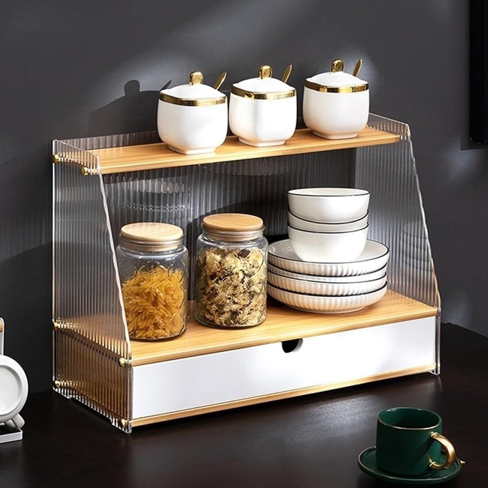 2-stöckiger Acryl-Kaffee-Bar-Organizer für Arbeitsplatte, multifunktionales Küchenregal für Tee, Kaffee, Zubehör und Gewürze, 34 cm