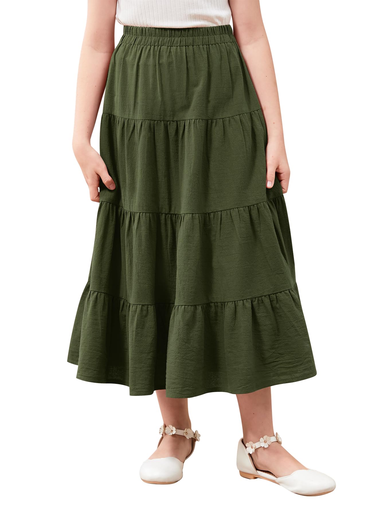 GORLYA Girls Casual Vintage Solid Elastic High Waist Tiered Hem Long Swing Linen Maxi Skirt for 4-14T
