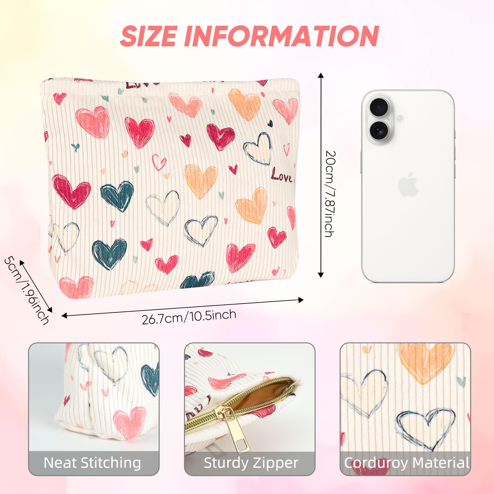Ksriylm Cute Heart Cosmetic Bag for Women,Canvas Toiletry Organizer Storage with Purse Zipper,Small Multifunctional Travel Makeup Bag,Aesthetic Travel Toiletry Bags - Image 2
